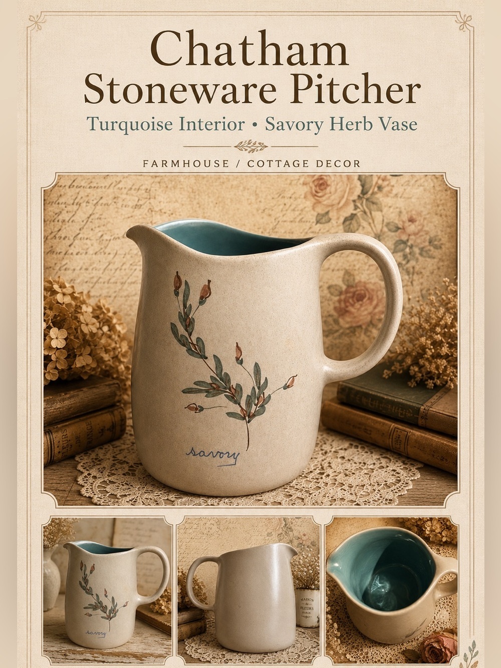 Chatham Stoneware Pitcher 7.5” Turquoise Interior Savory Herb Flower Vase